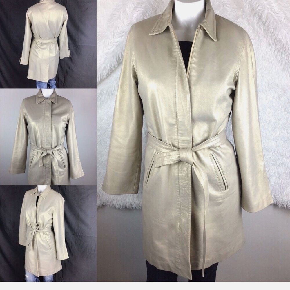 VINTAGE 90s Leather Trench Coat Pearl Frosted Gold Classic knee XS 3/4 Express